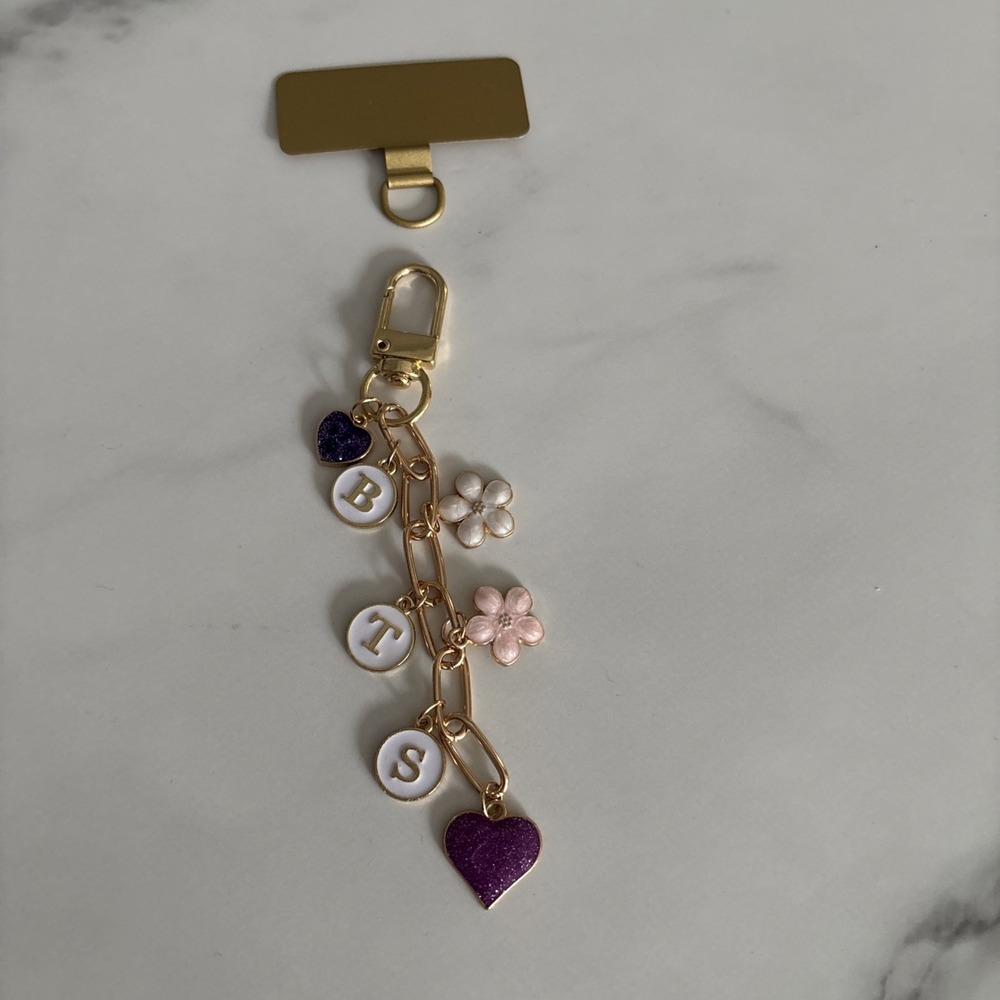 BTS Phone Charm Keychain / Purple Hearts & Flowers / Gold K-Pop Accessory / Army